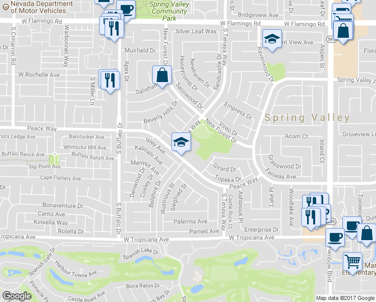 map of restaurants, bars, coffee shops, grocery stores, and more near 7600 Peace Way in Las Vegas