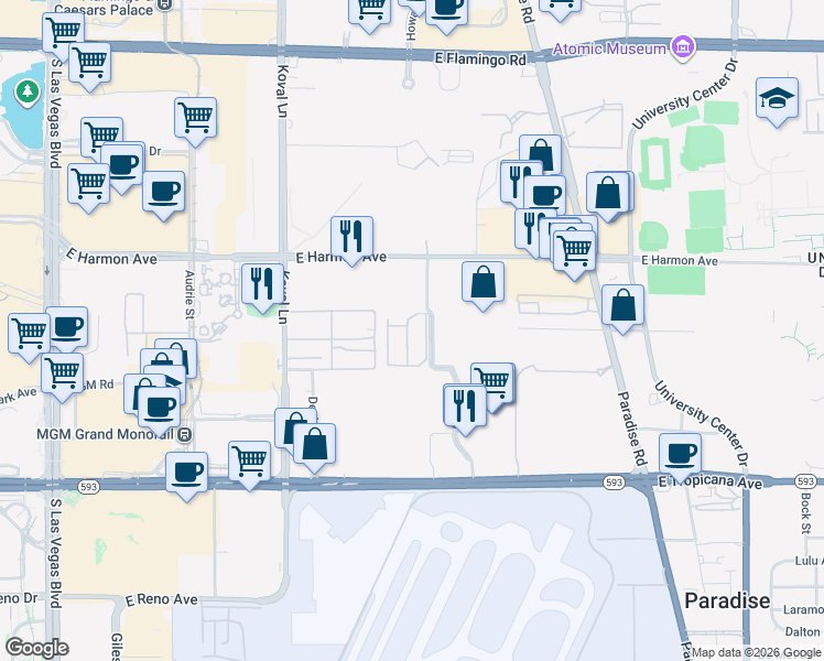 map of restaurants, bars, coffee shops, grocery stores, and more near 4670 Monterey Circle in Las Vegas