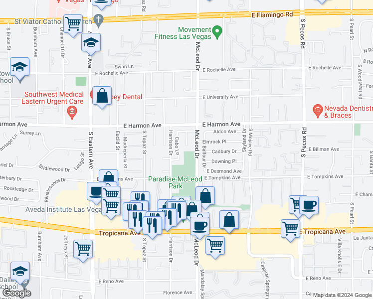map of restaurants, bars, coffee shops, grocery stores, and more near 4585 Casa Mia Circle in Las Vegas