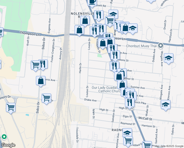 map of restaurants, bars, coffee shops, grocery stores, and more near 519 Radnor Street in Nashville