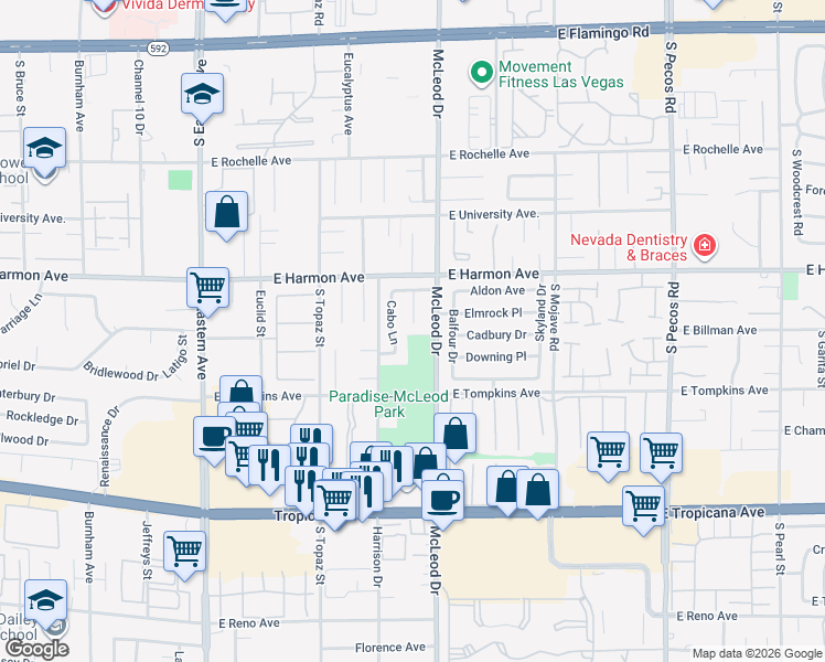 map of restaurants, bars, coffee shops, grocery stores, and more near 4598 Cabo Lane in Las Vegas