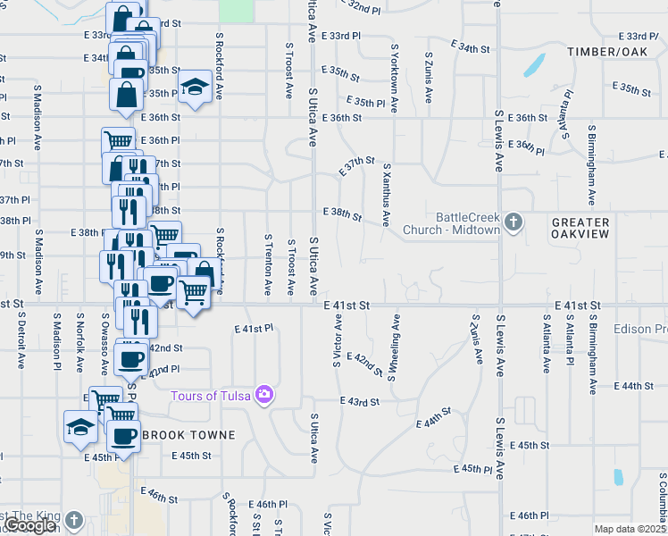 map of restaurants, bars, coffee shops, grocery stores, and more near 1725 East 41st Street in Tulsa