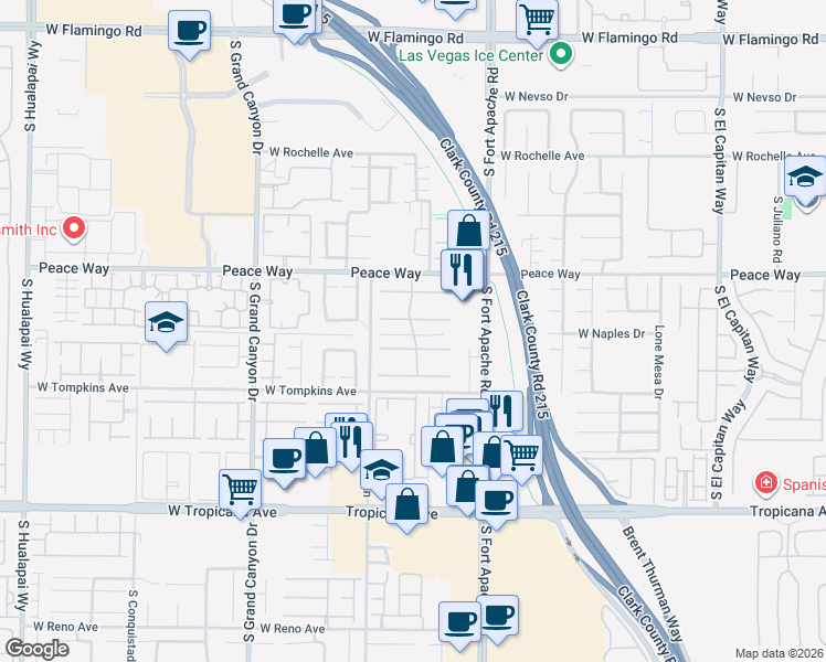 map of restaurants, bars, coffee shops, grocery stores, and more near Gran Via Drive in Spring Valley