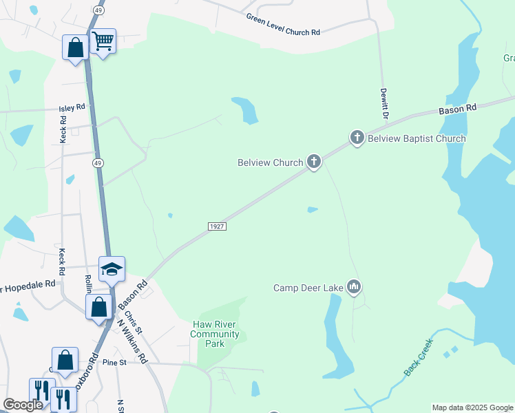map of restaurants, bars, coffee shops, grocery stores, and more near 2723 Bason Road in Mebane