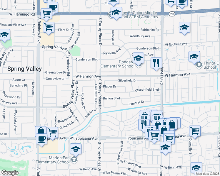 map of restaurants, bars, coffee shops, grocery stores, and more near 6435 Placer Drive in Las Vegas