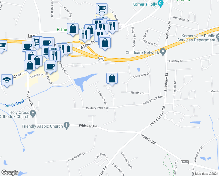 map of restaurants, bars, coffee shops, grocery stores, and more near 119 Edgedale Court in Kernersville