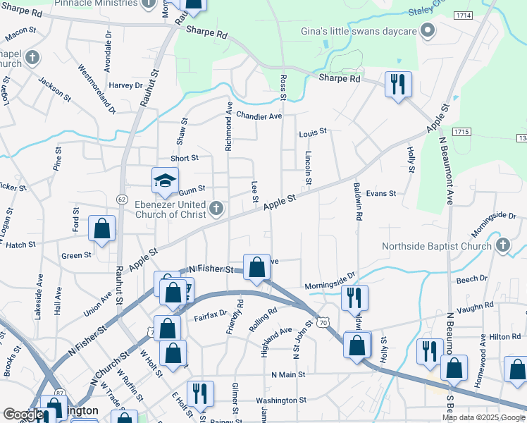 map of restaurants, bars, coffee shops, grocery stores, and more near 915 Apple Street in Burlington
