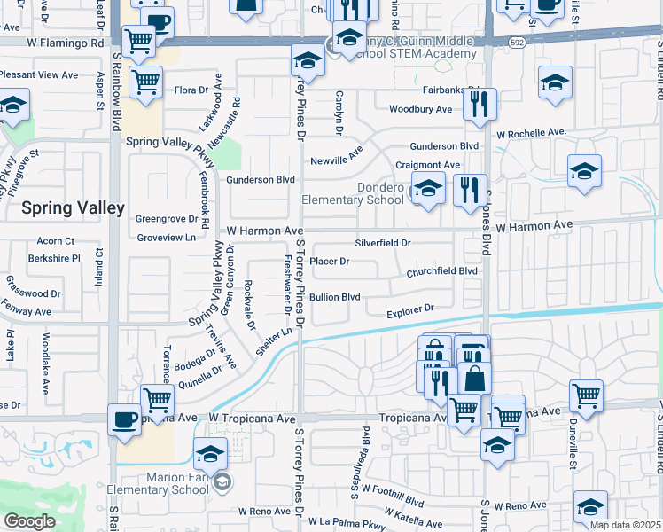 map of restaurants, bars, coffee shops, grocery stores, and more near 6435 Placer Drive in Las Vegas