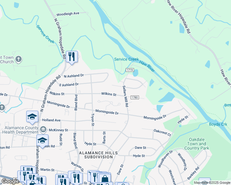 map of restaurants, bars, coffee shops, grocery stores, and more near 2250 Wilkins Street in Burlington