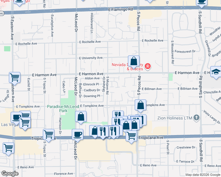 map of restaurants, bars, coffee shops, grocery stores, and more near 4552 Skyland Drive in Las Vegas