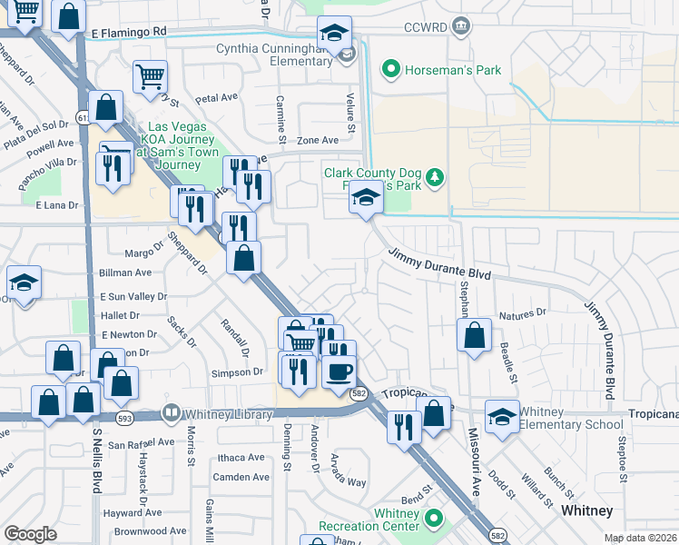 map of restaurants, bars, coffee shops, grocery stores, and more near 5521 East Jackpot Winner Lane in Las Vegas