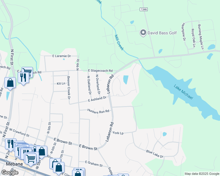 map of restaurants, bars, coffee shops, grocery stores, and more near 617 Village Lake Drive in Mebane