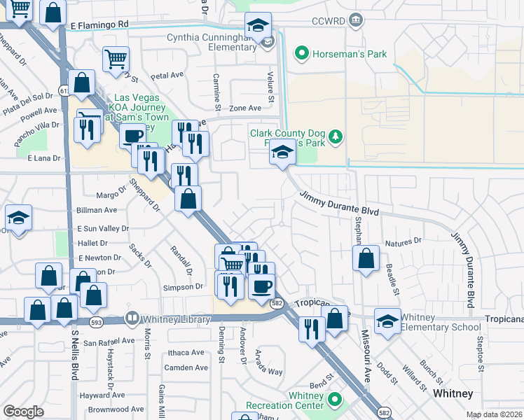map of restaurants, bars, coffee shops, grocery stores, and more near 5521 East Jackpot Winner Lane in Las Vegas