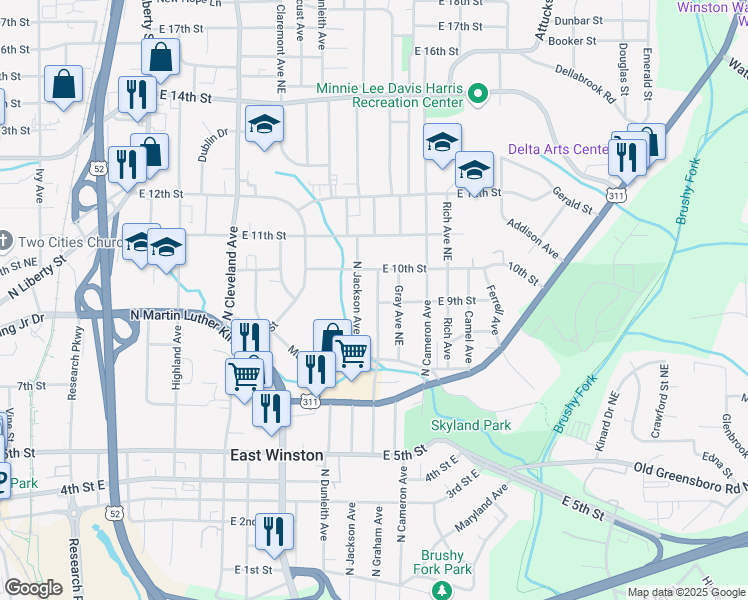 map of restaurants, bars, coffee shops, grocery stores, and more near 900 North Graham Avenue in Winston-Salem