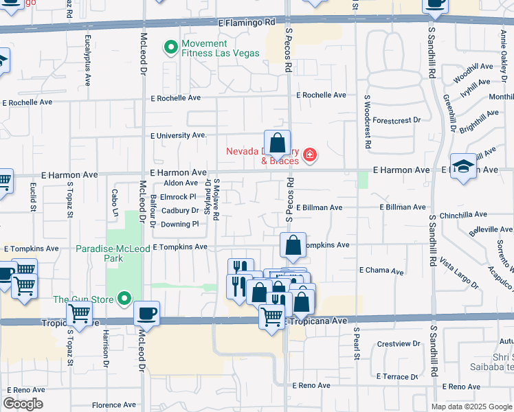 map of restaurants, bars, coffee shops, grocery stores, and more near 3307 Fairview Lane in Las Vegas