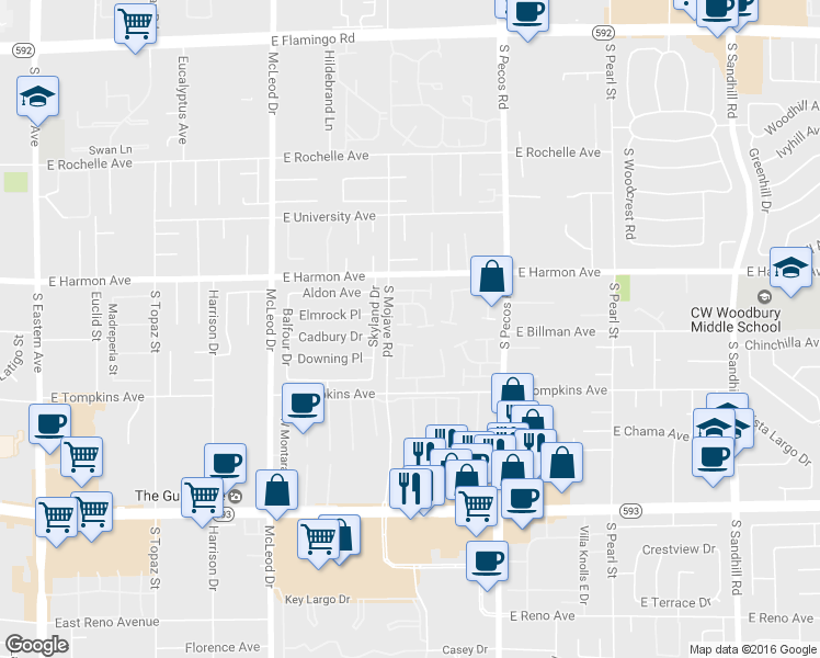 map of restaurants, bars, coffee shops, grocery stores, and more near 3233 Kinsale Court in Las Vegas
