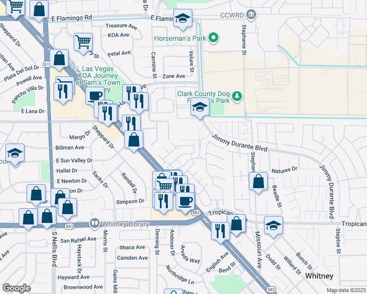 map of restaurants, bars, coffee shops, grocery stores, and more near 4525 Jimmy Durante Boulevard in Las Vegas