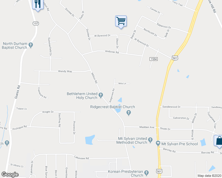 map of restaurants, bars, coffee shops, grocery stores, and more near 322 Ridgeview Road in Durham