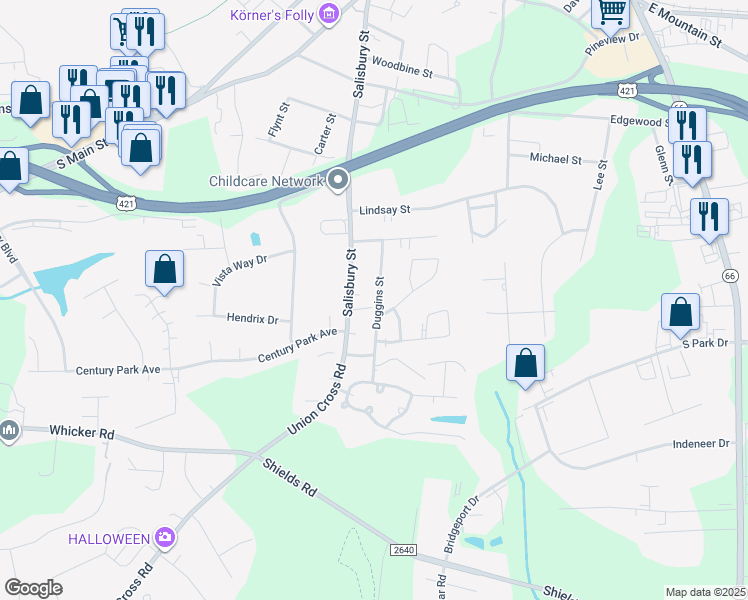 map of restaurants, bars, coffee shops, grocery stores, and more near 1021 Salisbury Street in Kernersville