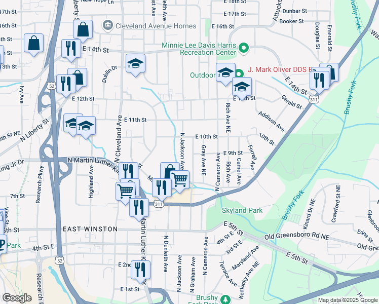 map of restaurants, bars, coffee shops, grocery stores, and more near 915 North Graham Avenue in Winston-Salem