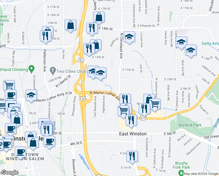 map of restaurants, bars, coffee shops, grocery stores, and more near 930 North Cleveland Avenue in Winston-Salem