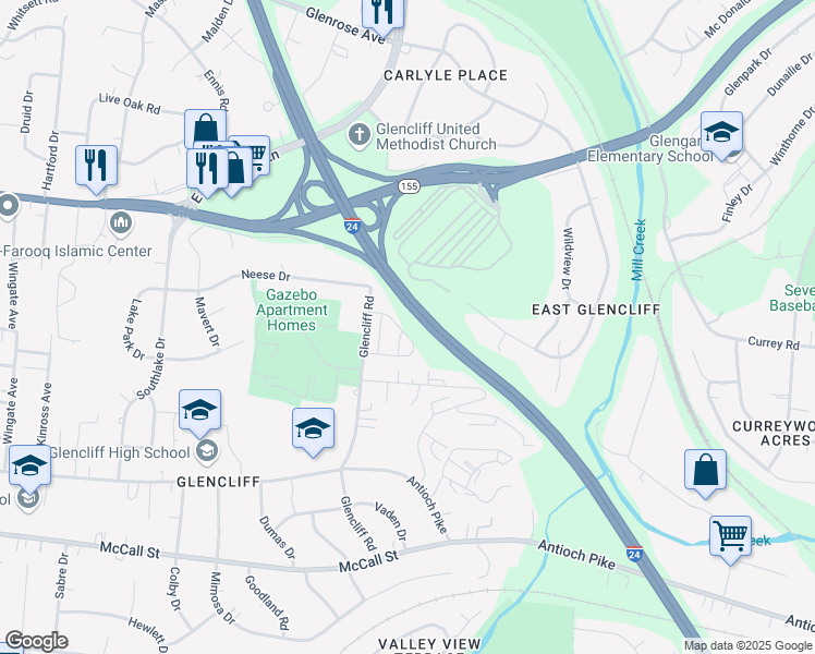 map of restaurants, bars, coffee shops, grocery stores, and more near 3134 Glencliff Road in Nashville