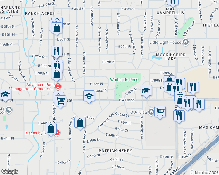 map of restaurants, bars, coffee shops, grocery stores, and more near 3912 South Oswego Avenue in Tulsa