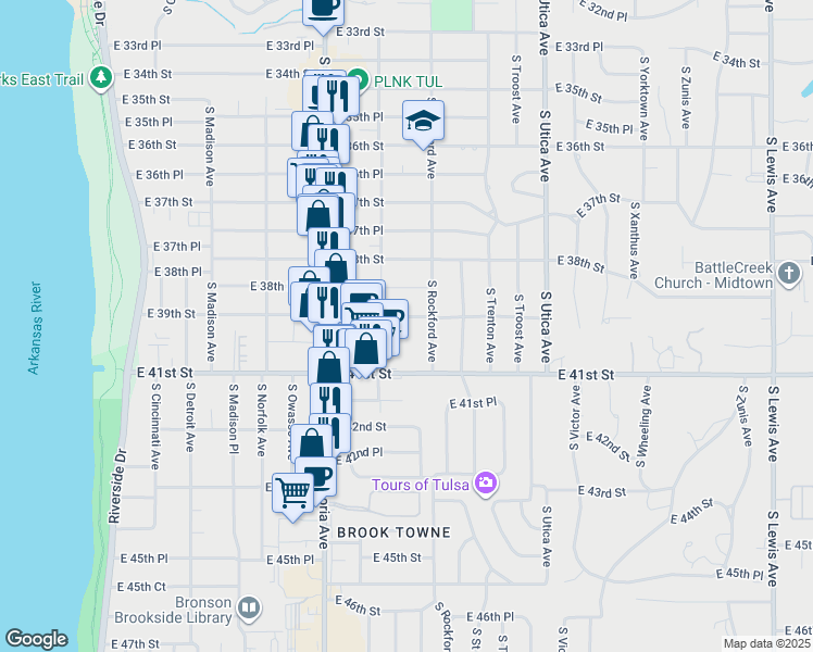 map of restaurants, bars, coffee shops, grocery stores, and more near 1408 East 38th Street in Tulsa