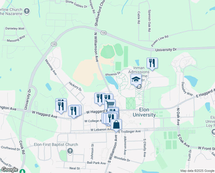 map of restaurants, bars, coffee shops, grocery stores, and more near 550 North Williamson Avenue in Elon