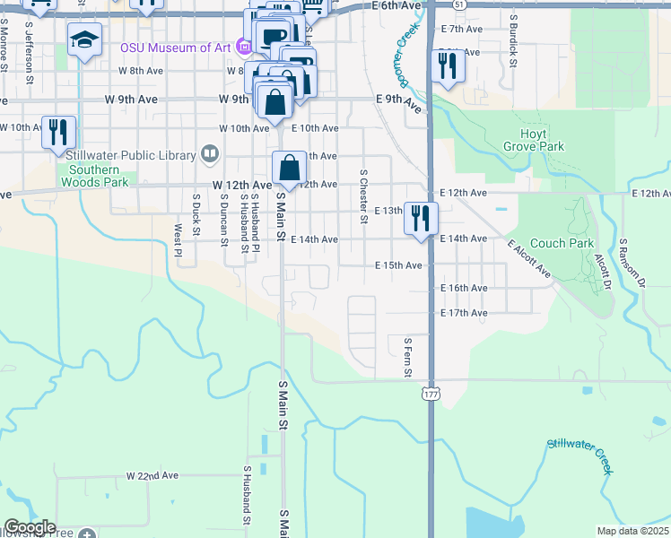 map of restaurants, bars, coffee shops, grocery stores, and more near 1706 South Lowry Street in Stillwater