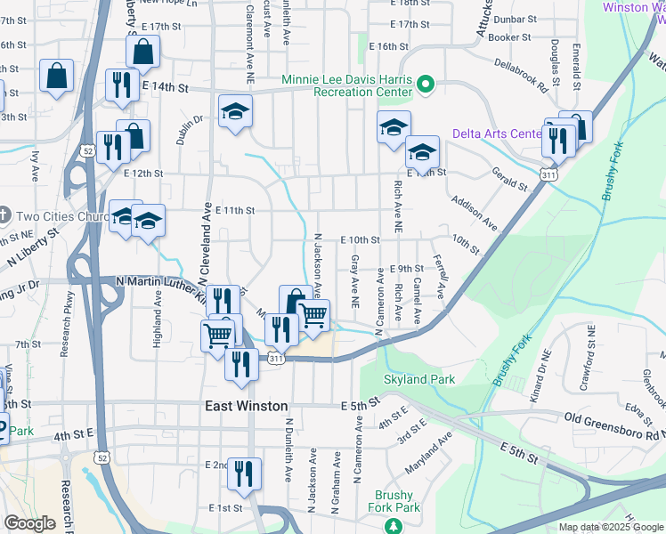 map of restaurants, bars, coffee shops, grocery stores, and more near 900 North Graham Avenue in Winston-Salem
