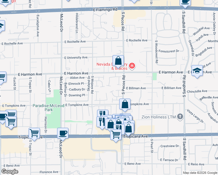 map of restaurants, bars, coffee shops, grocery stores, and more near 3305 Fairview Lane in Las Vegas