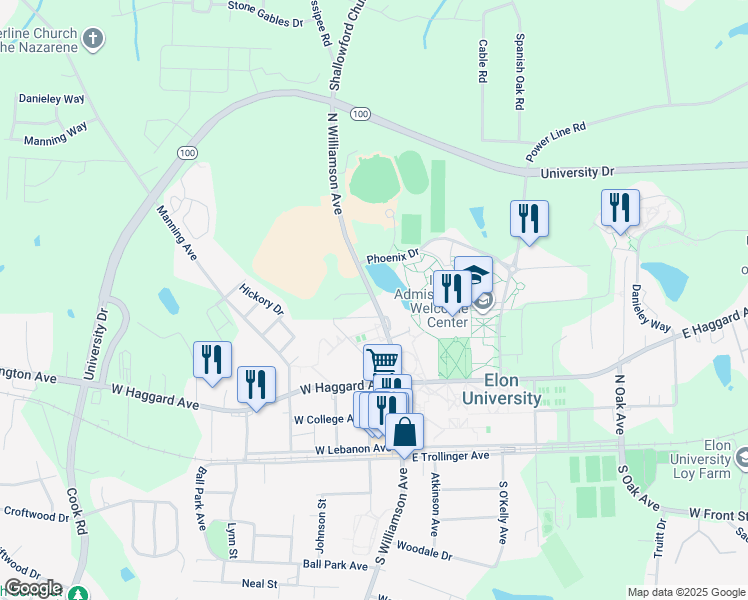 map of restaurants, bars, coffee shops, grocery stores, and more near 550 North Williamson Avenue in Elon