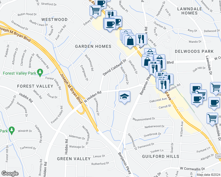 map of restaurants, bars, coffee shops, grocery stores, and more near 1701 North Holden Road in Greensboro
