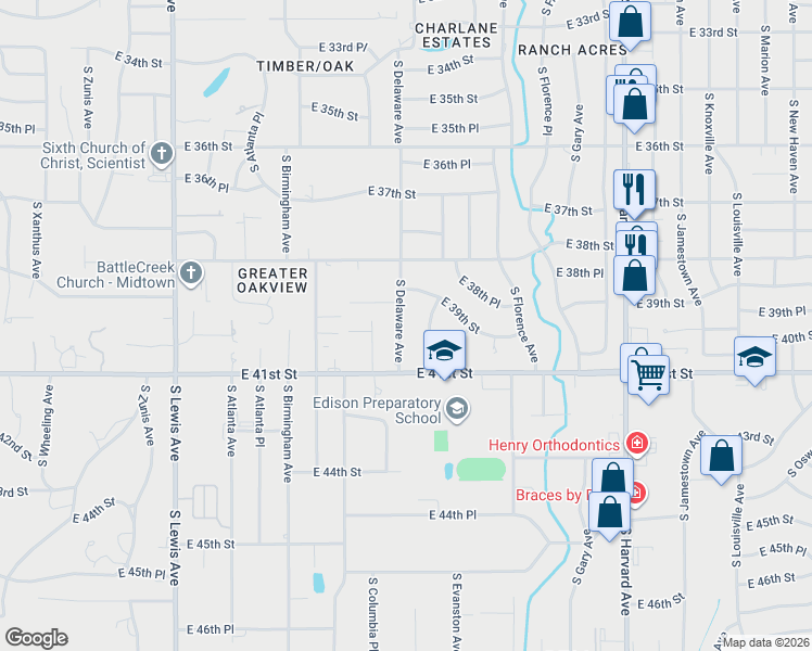 map of restaurants, bars, coffee shops, grocery stores, and more near 3935 South Delaware Avenue in Tulsa