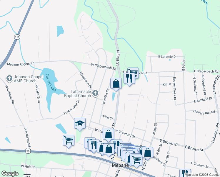 map of restaurants, bars, coffee shops, grocery stores, and more near 716 North Wilba Road in Mebane