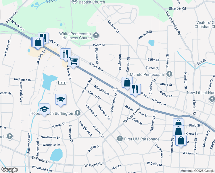 map of restaurants, bars, coffee shops, grocery stores, and more near 1542 West Webb Avenue in Burlington
