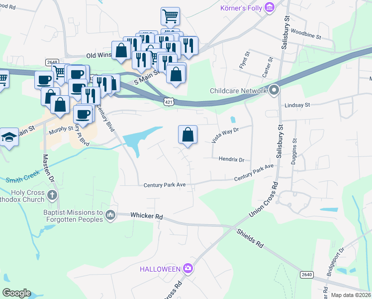 map of restaurants, bars, coffee shops, grocery stores, and more near 319 Brookside Court in Kernersville
