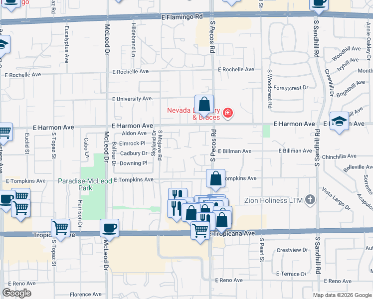 map of restaurants, bars, coffee shops, grocery stores, and more near 3301 Fairview Lane in Las Vegas