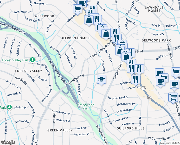 map of restaurants, bars, coffee shops, grocery stores, and more near 1701 North Holden Road in Greensboro