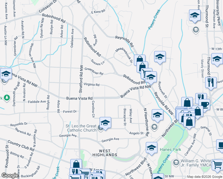 map of restaurants, bars, coffee shops, grocery stores, and more near 1857 Virginia Road in Winston-Salem