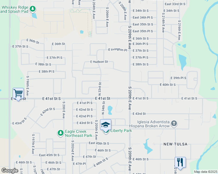 map of restaurants, bars, coffee shops, grocery stores, and more near 3514 East Emmitsburg Place in Broken Arrow