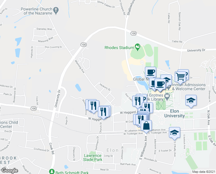 map of restaurants, bars, coffee shops, grocery stores, and more near 6 Poplar Avenue in Elon