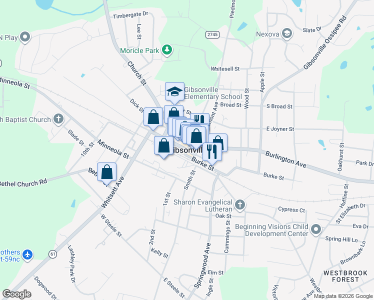 map of restaurants, bars, coffee shops, grocery stores, and more near in Gibsonville