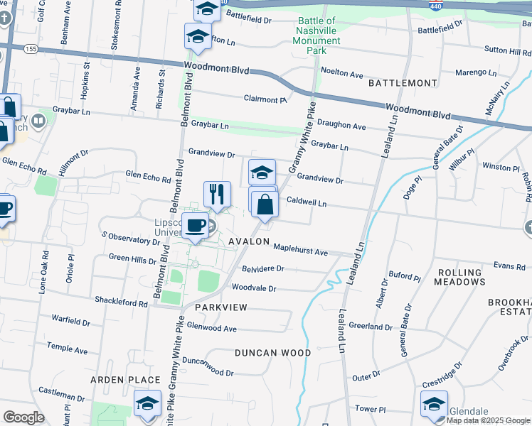 map of restaurants, bars, coffee shops, grocery stores, and more near 3901 Granny White Pike in Nashville