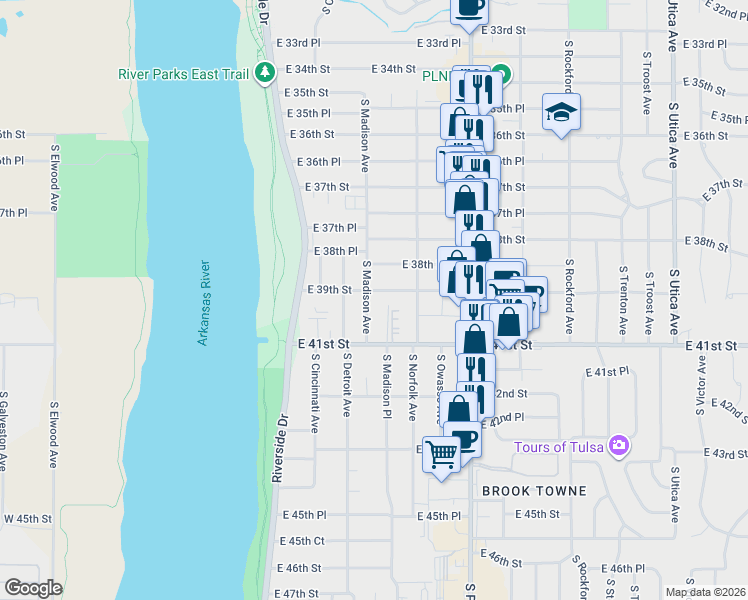map of restaurants, bars, coffee shops, grocery stores, and more near 3844 South Madison Avenue in Tulsa