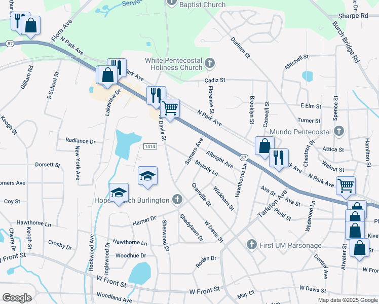 map of restaurants, bars, coffee shops, grocery stores, and more near 301 Somers Avenue in Burlington