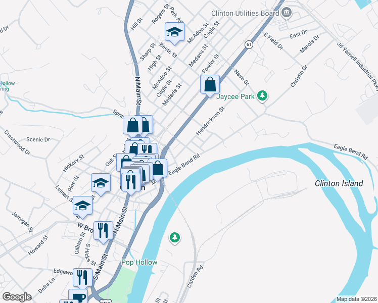 map of restaurants, bars, coffee shops, grocery stores, and more near 602 Hendrickson Street in Clinton