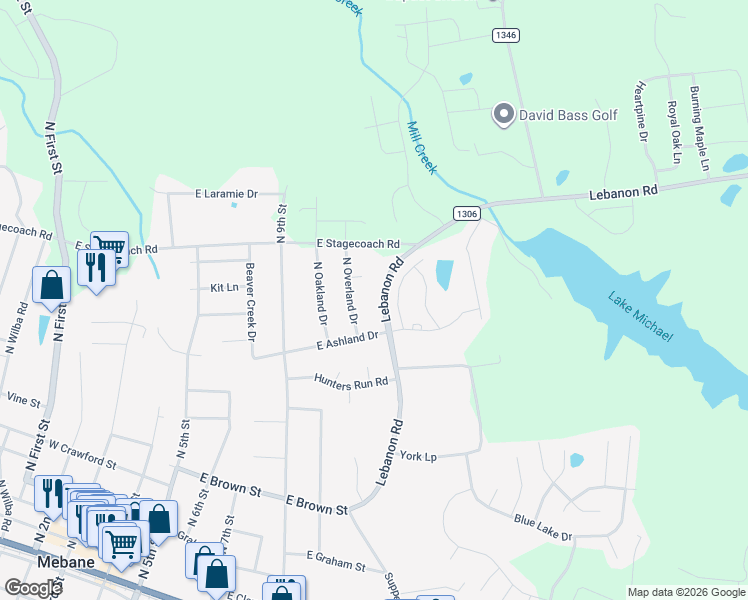 map of restaurants, bars, coffee shops, grocery stores, and more near 108 Overland Court in Mebane