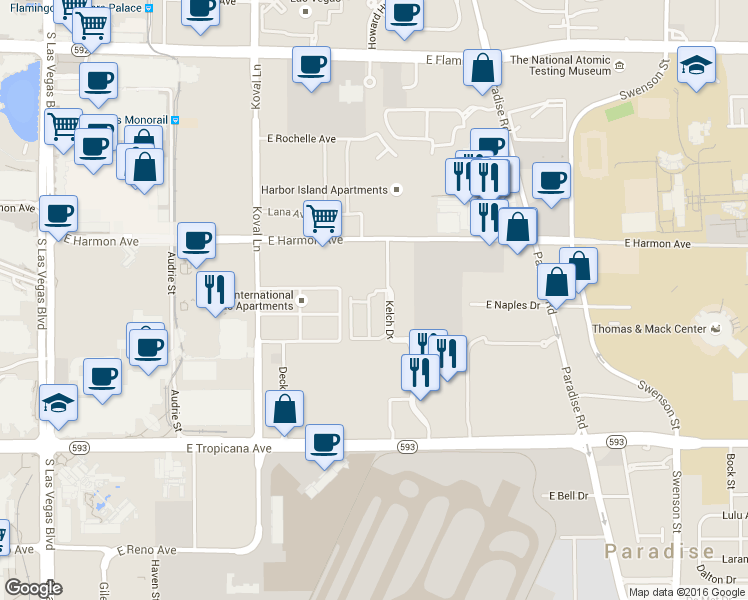 map of restaurants, bars, coffee shops, grocery stores, and more near 303 East Harmon Avenue in Las Vegas